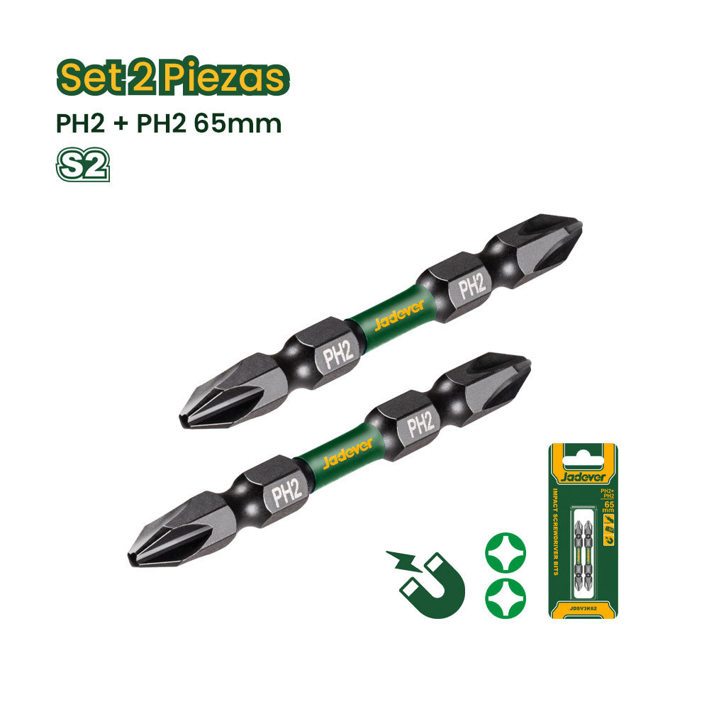 Juego Puntas Phillips Hexagonal Impacto S2 PH2 2 Piezas JADEVER