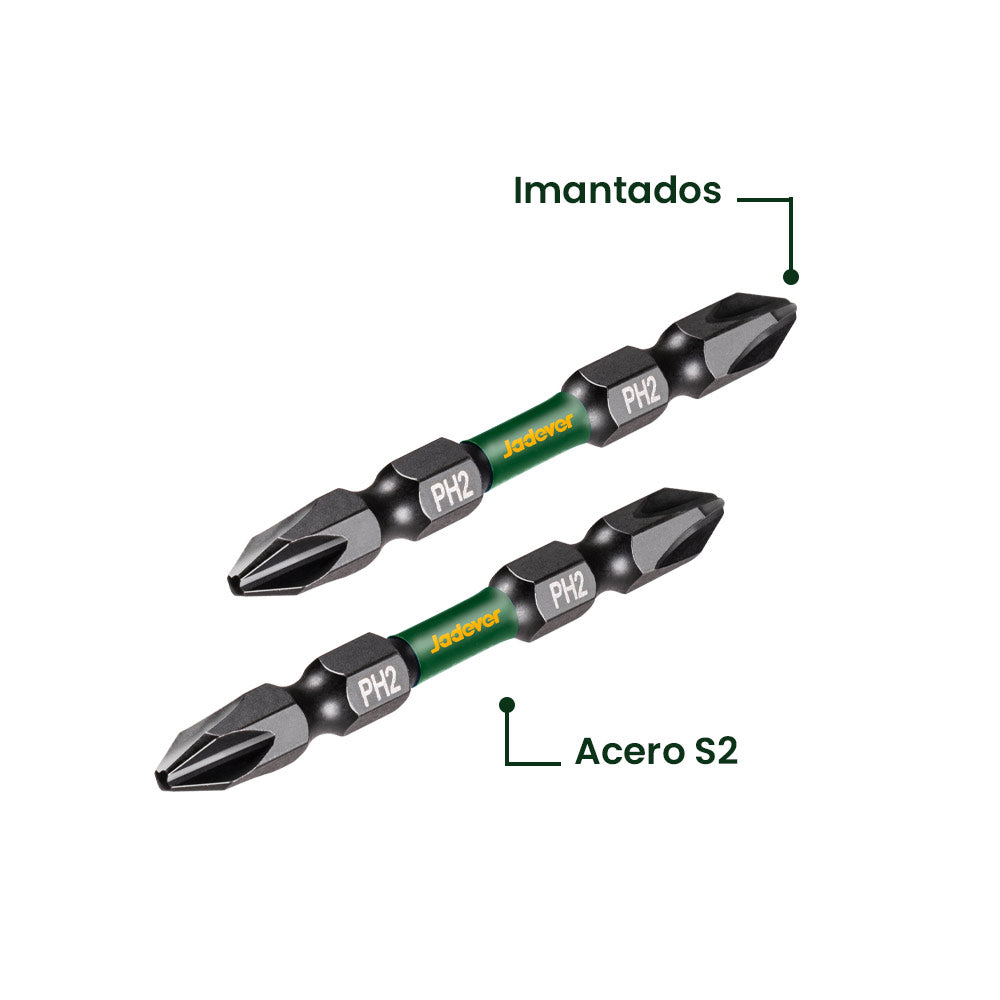 Juego Puntas Phillips Hexagonal Impacto S2 PH2 2 Piezas JADEVER